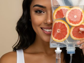Rejuvenation, revitalization. Smiling woman with IV vitamin drip saline bag, grapefruit slices inside. Vitamin therapy, wellness, beauty. Concept of health, nutrition, detox, medical, skincare