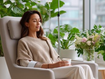 Woman enjoys IV therapy in a serene, plant-filled wellness center, emphasizing relaxation and rejuvenation with modern comforts.