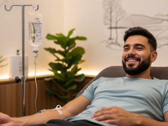 A young man smiles comfortably while receiving intravenous vitamin therapy. This health and wellness service offers a modern approach to boosting immunity and promoting overall well-being, providing